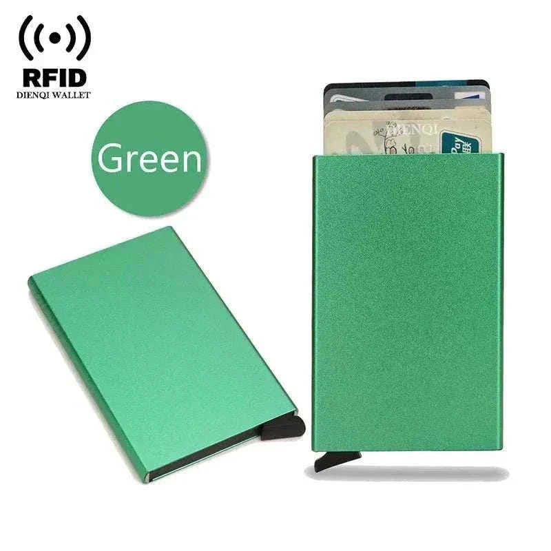 Slim metal RFID credit card holder with pop-up feature, minimalist black wallet for men and women, RFID blocking security