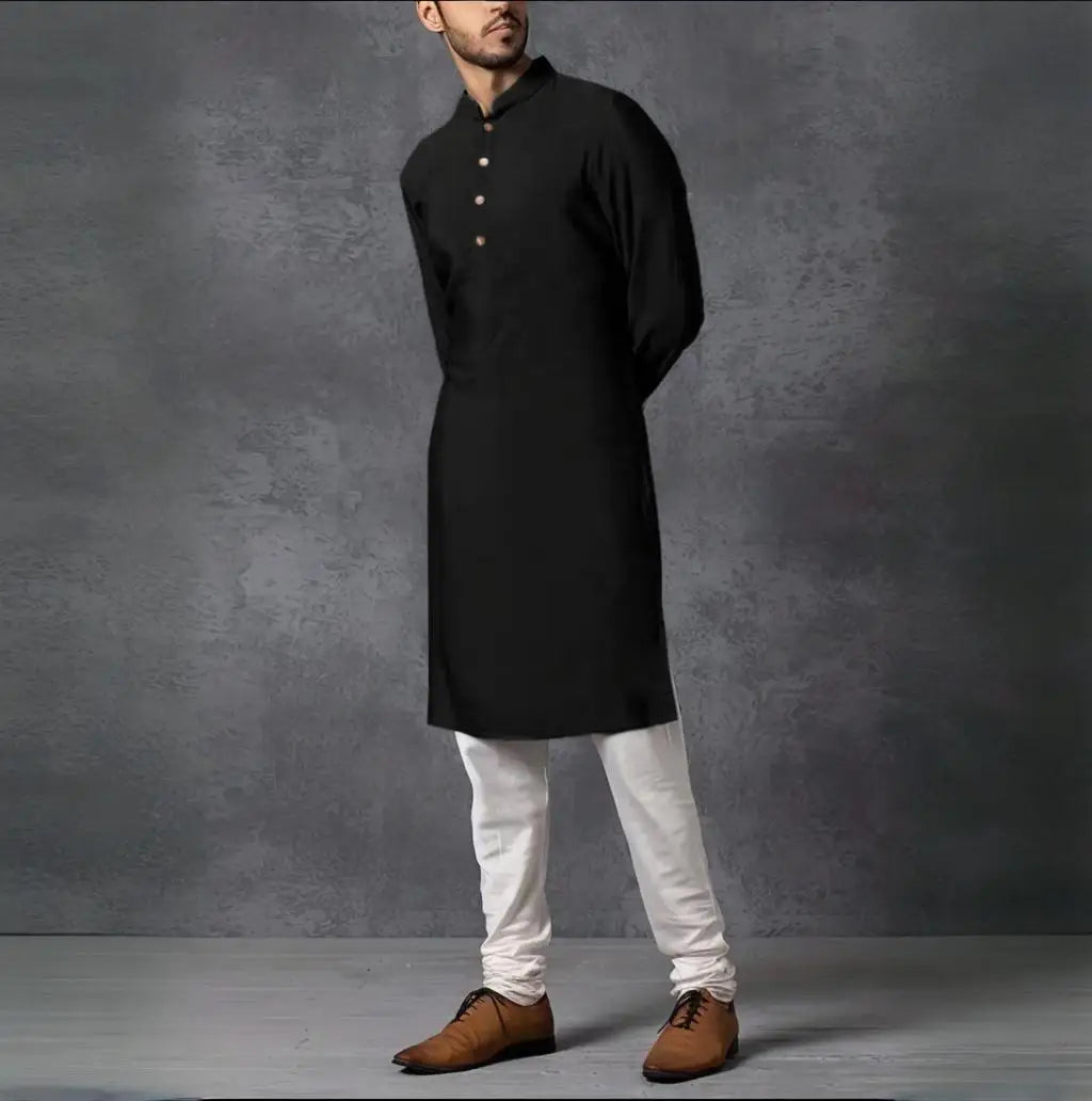 Men's stand-up collar black Muslim robe mid-length personality casual fashion solid color shirt traditional men's clothing