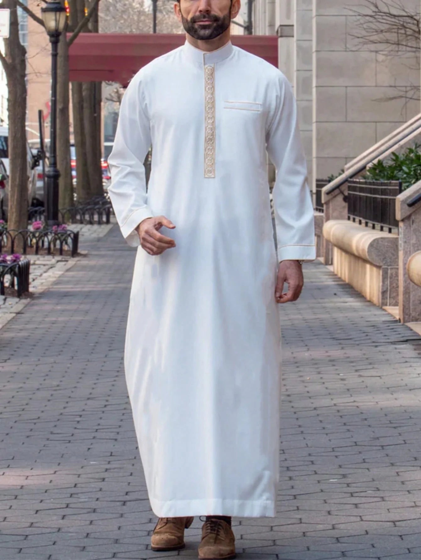 روب رجالي فاخر إسلامي للرجال المسلمين العرب، ثوب عربي رجالي بأكمام طويلة وياقة مطرزة قائمة