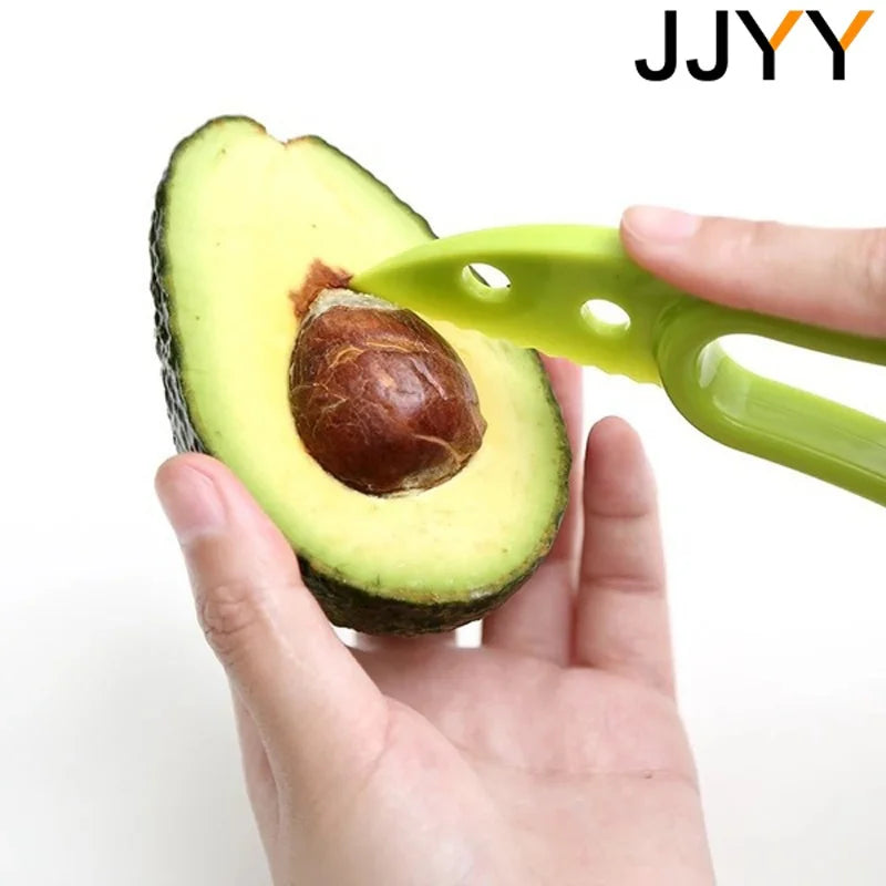 Green and orange JJYY 3-in-1 avocado slicer with serrated knife, pitter, and peeler with protective cover and hanging hole