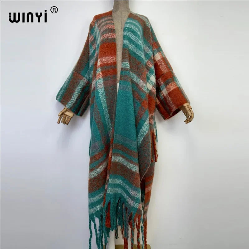 كارديجان شتوي من WINYI أفريقي بطبعة مربعات كلاسيكية عباية نسائية معطف بشرّابات كيمونو مفتوح من الأمام فستان حفلات طويل