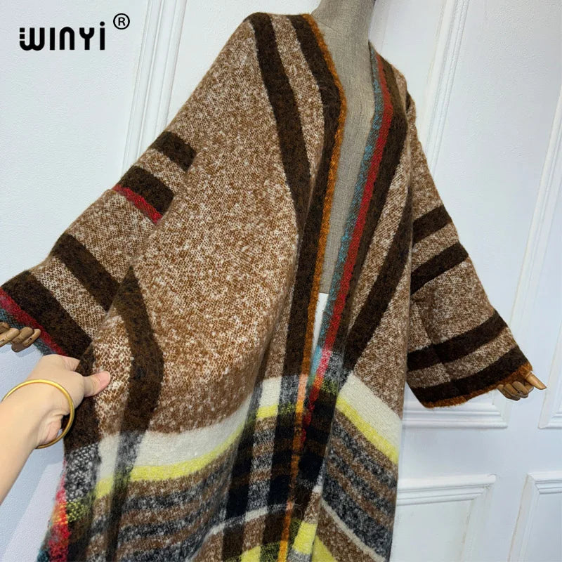 كارديجان شتوي من WINYI أفريقي بطبعة مربعات كلاسيكية عباية نسائية معطف بشرّابات كيمونو مفتوح من الأمام فستان حفلات طويل