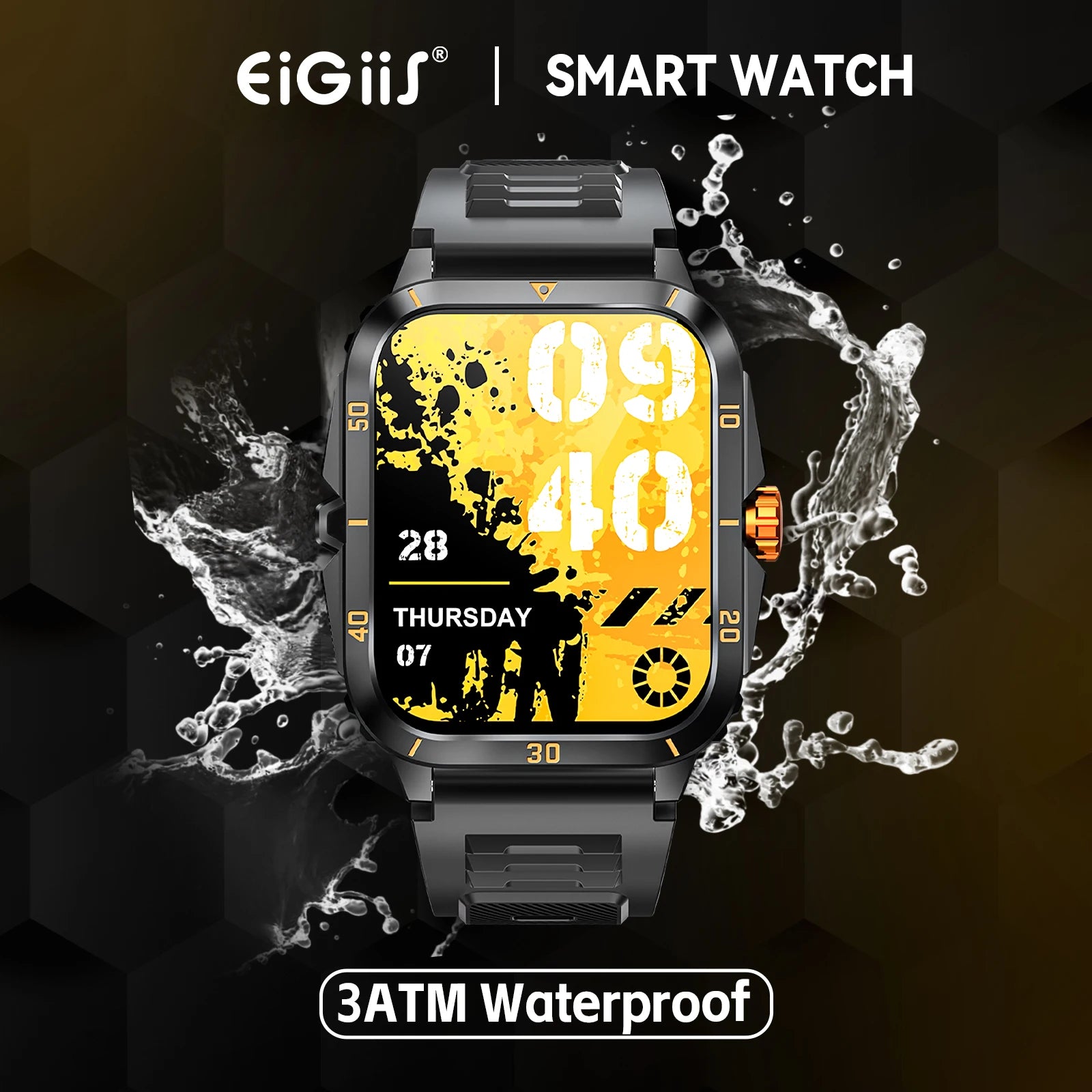 EIGIIS ساعة ذكية مقاومة للماء 3ATM، شاشة IPS 1.96 بوصة، KT71 عسكرية للرجال، أكثر من 100 وضع رياضي، معدل ضربات القلب، ضغط الدم، مكالمات بلوتوث