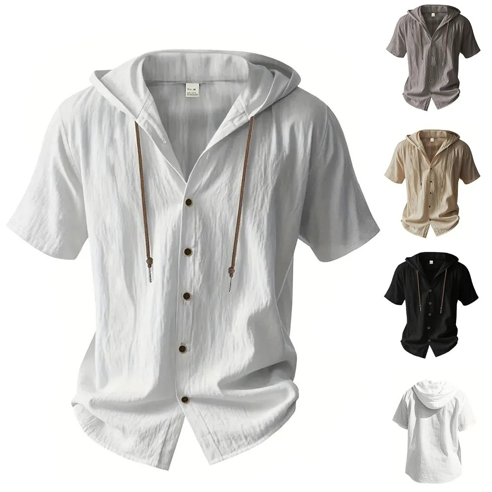 Cotton Linen Shirt for Men Hooded Short Sleeve Solid Color Breathable Lightweight Drawstring Design Shirts Casual Basic Tees