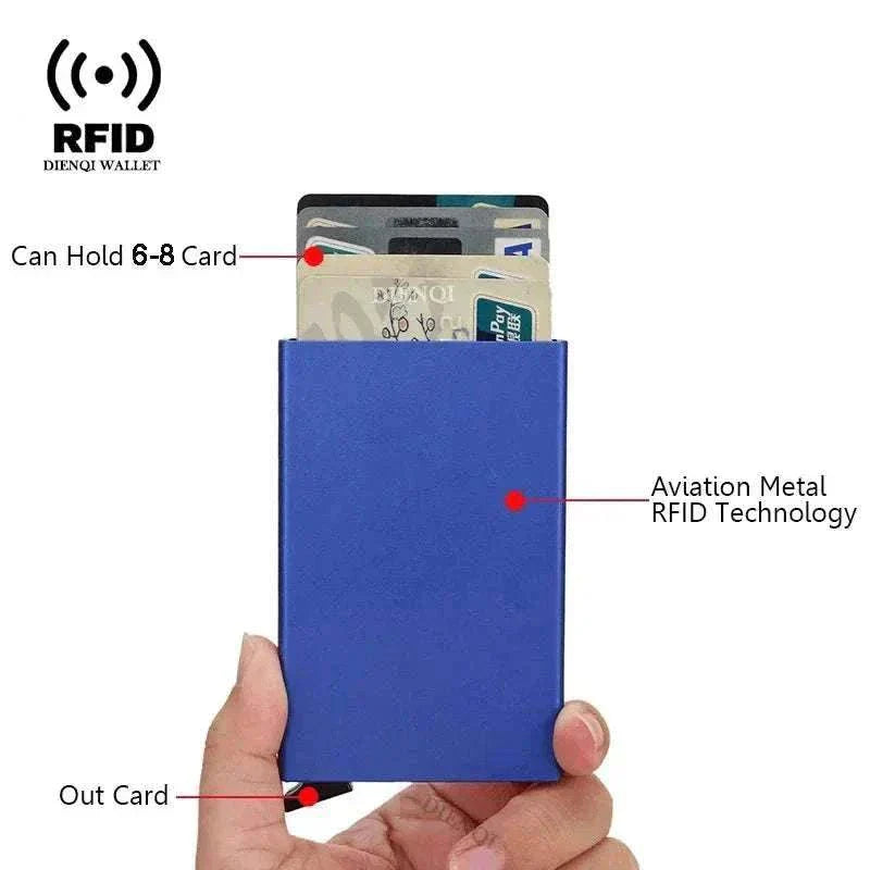 Slim black metal RFID credit card holder wallet with pop-up function for men and women
