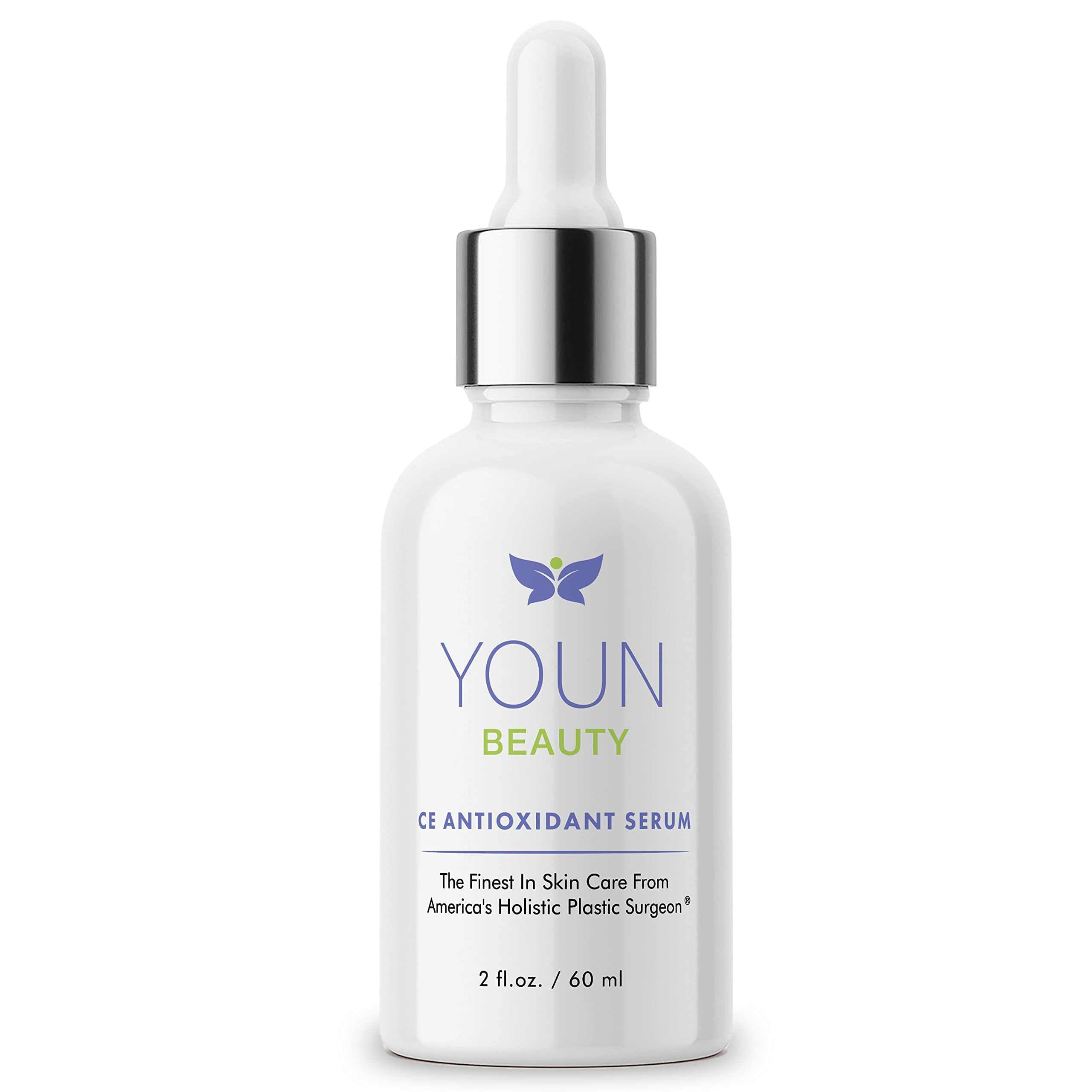 YOUN Beauty 20% Vitamin C Face Serum with hyaluronic acid, ferulic acid, and vitamin E for hydration and antioxidant skin care.