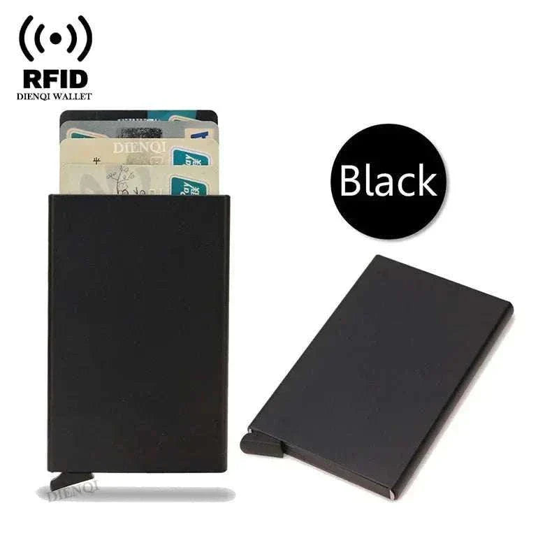 Slim black metal RFID credit card holder with pop-up feature for men and women, minimalist and secure wallet design.