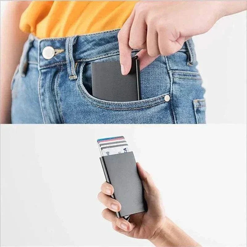 Slim metal RFID credit card holder wallet with pop-up feature for men and women
