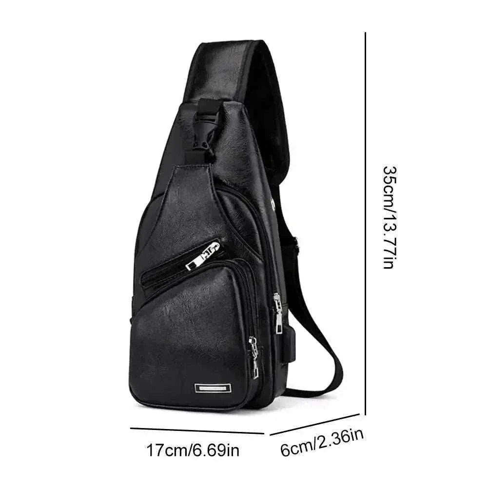 Simple and fashionable casual solid color PU men's chest bag with USB charging and zipper crossbody design for commuting