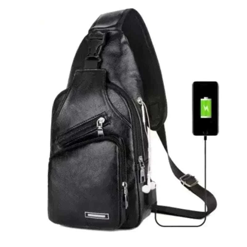 Simple and fashionable casual solid color PU men's chest bag with USB charging port for commuting