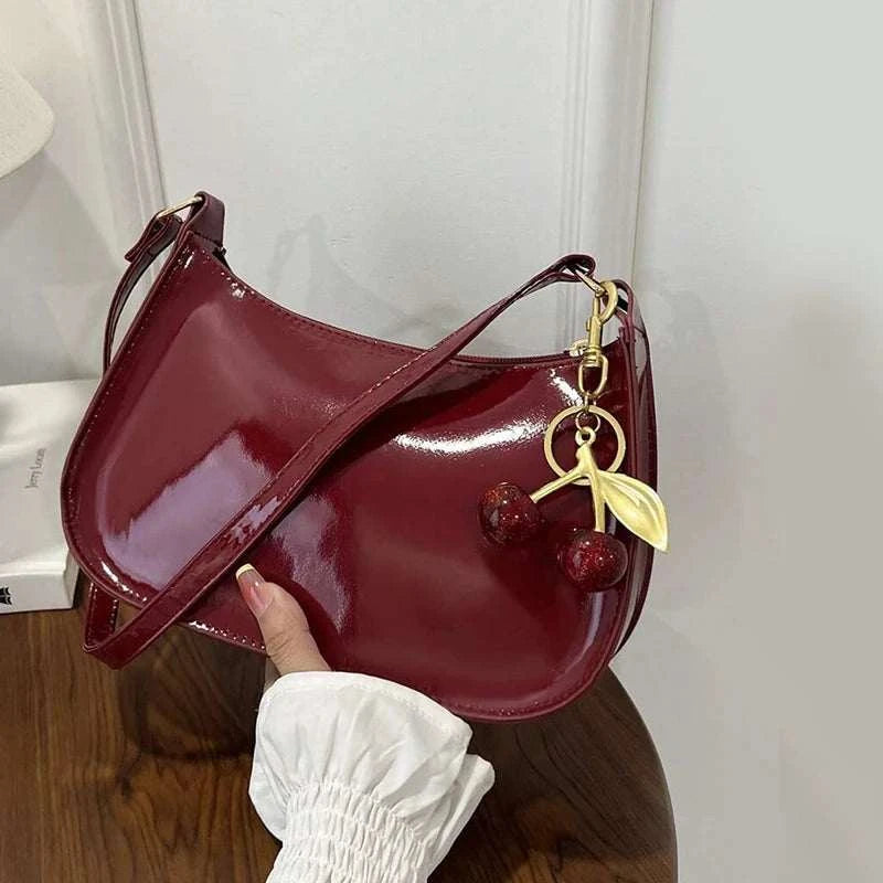 HOMEFIH PU Leather Handbag Solid Color Cherry Pendant Casual Shoulder Bag Versatile Fashion Commuting Bag for Girls Underarm Bag