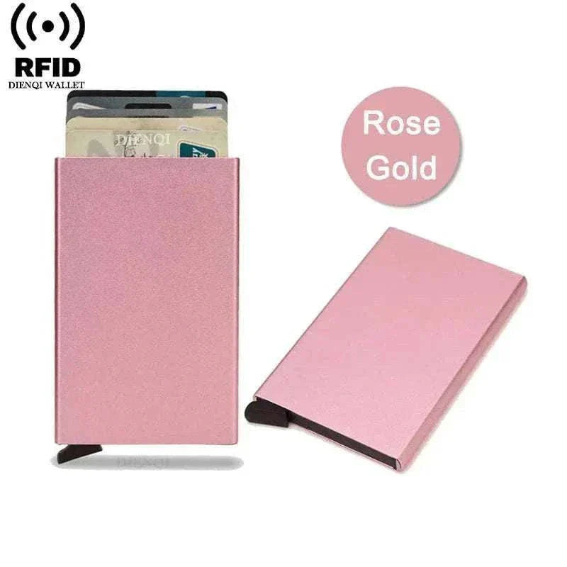 Slim black metal RFID credit card holder wallet with pop-up feature for men and women