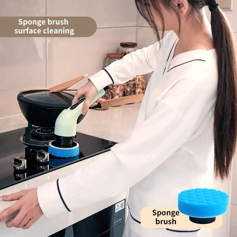 9-in-1 electric cleaning brush with LED display for kitchen, bathroom, and furniture cleaning