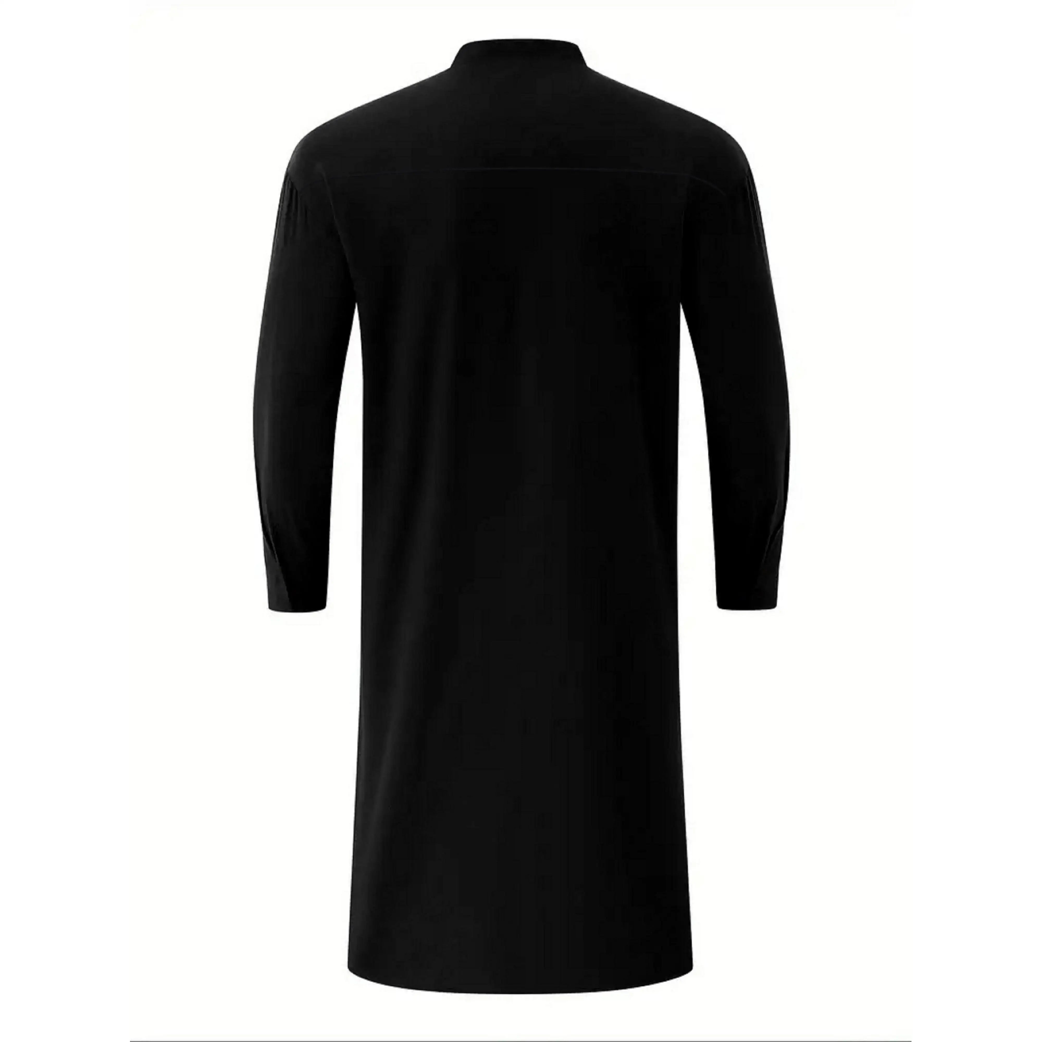 Men's stand-up collar black Muslim robe mid-length personality casual fashion solid color shirt traditional men's clothing