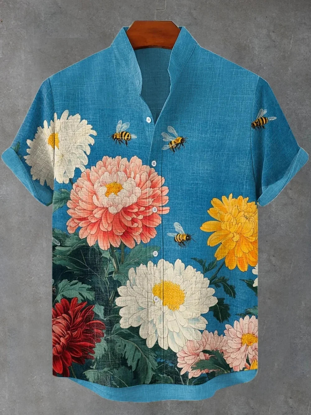 Men's summer street style short sleeved shirt paired with 3D printed linen cardigan, fashionable stand up collar breathable top